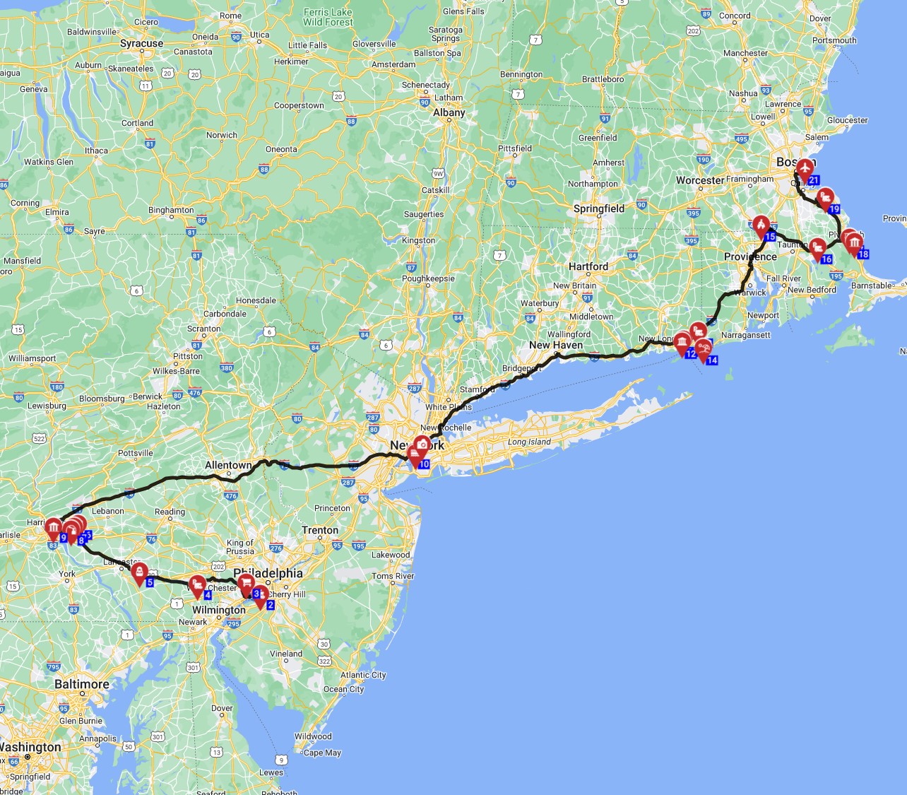 Map for Philadelphia to Boston - Short